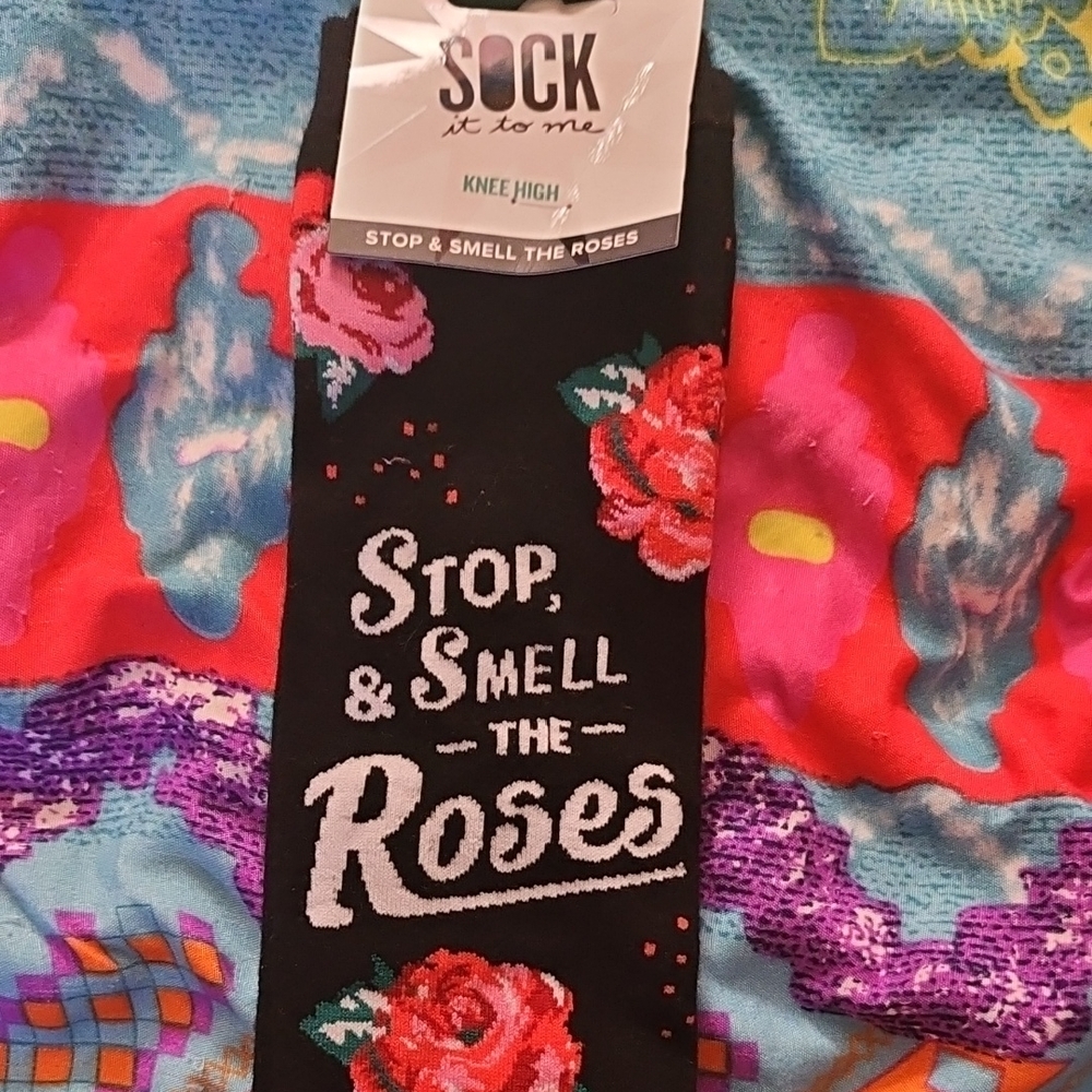Sock It to Me Black Knee High Socks with Red Roses